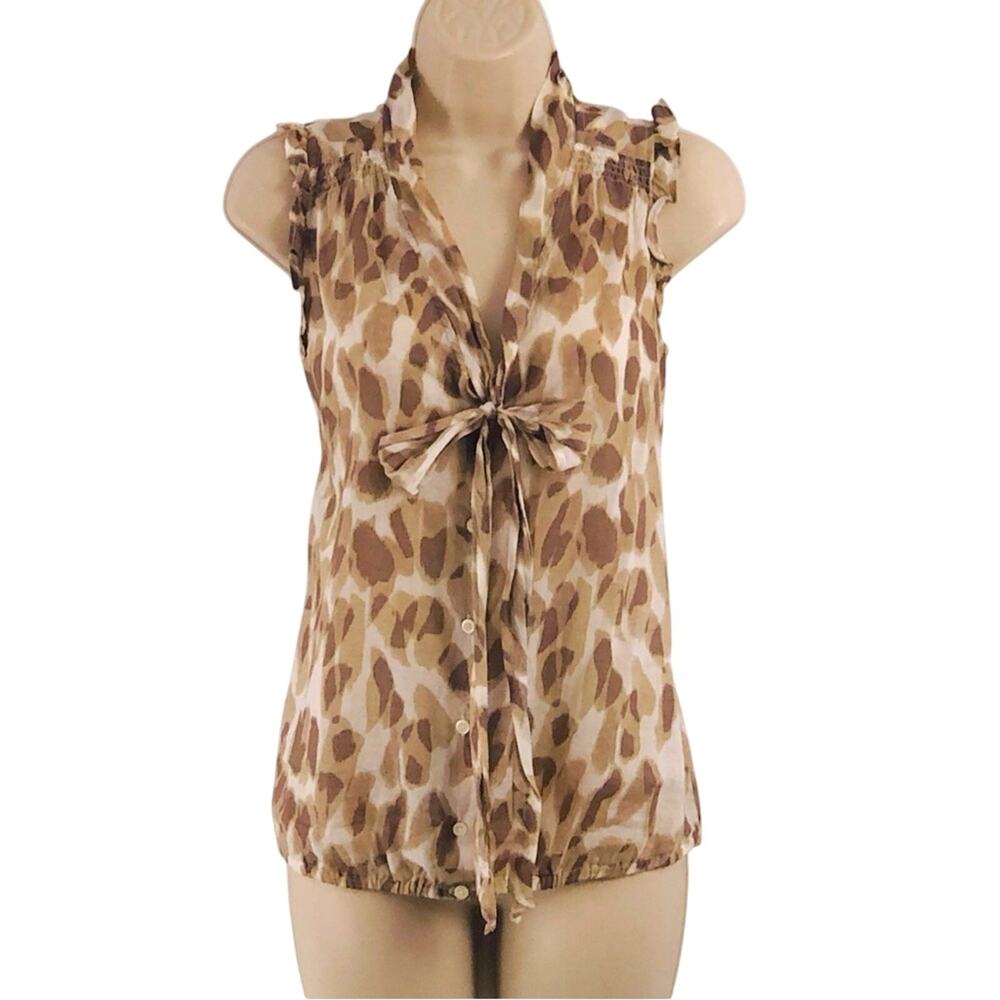 Ann Taylor Loft Tan Brown Animal Print Button Front Top Ruffled Sleeveless Bow